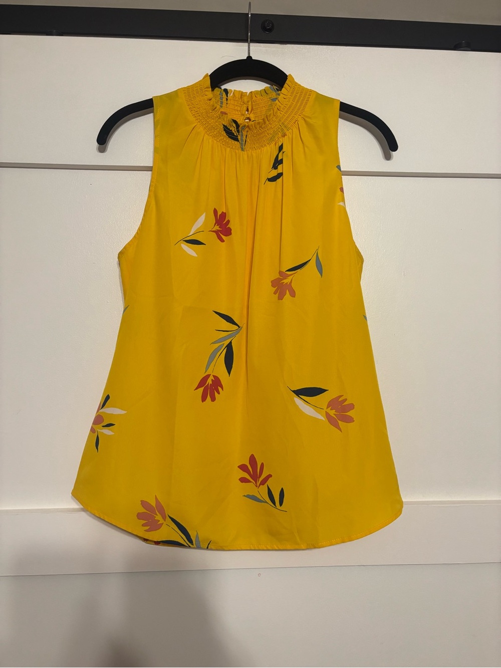 Daniel Rainn Yellow Floral Smocked Neck Sleeveless Top